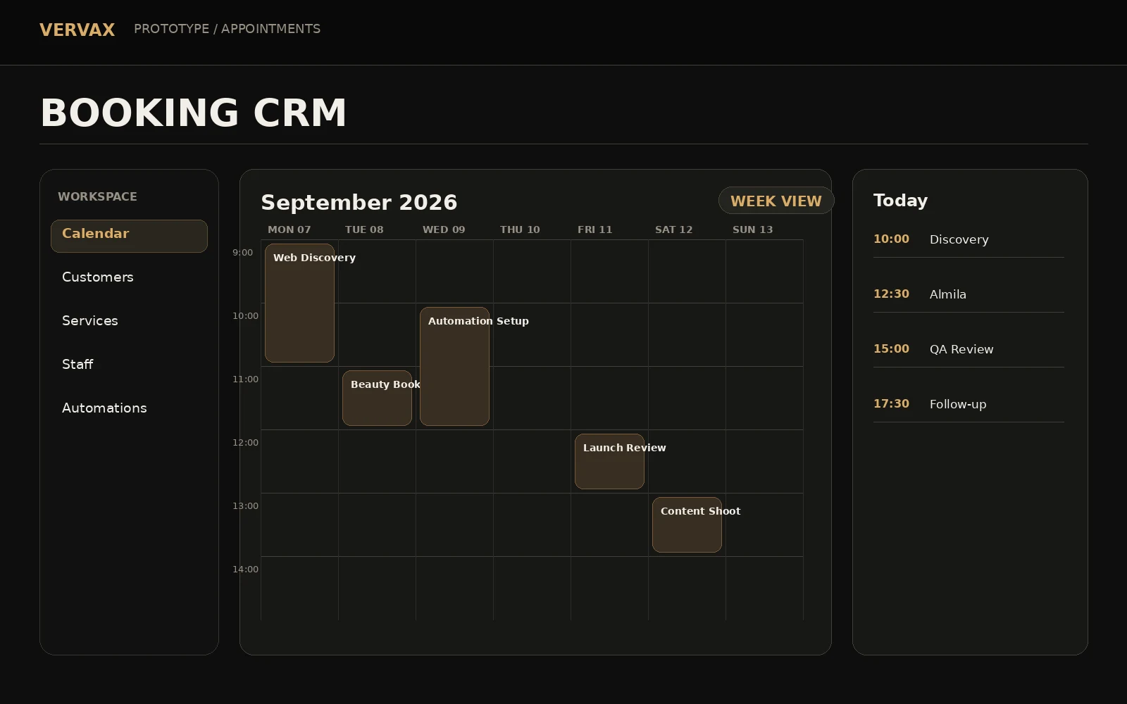 VERVAX Booking CRM randevu sistemi prototipi