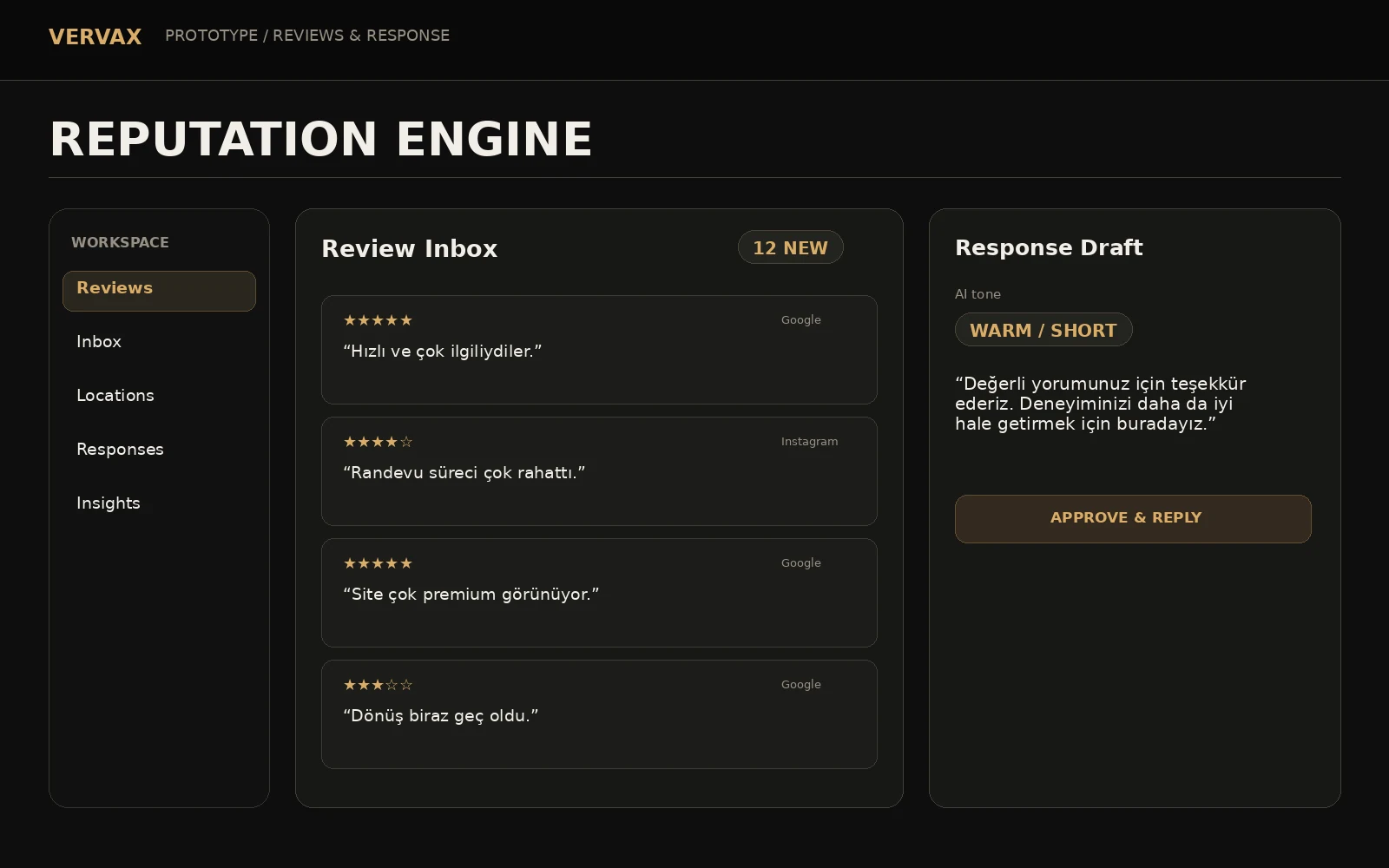 VERVAX Reputation Engine yorum yönetimi prototipi